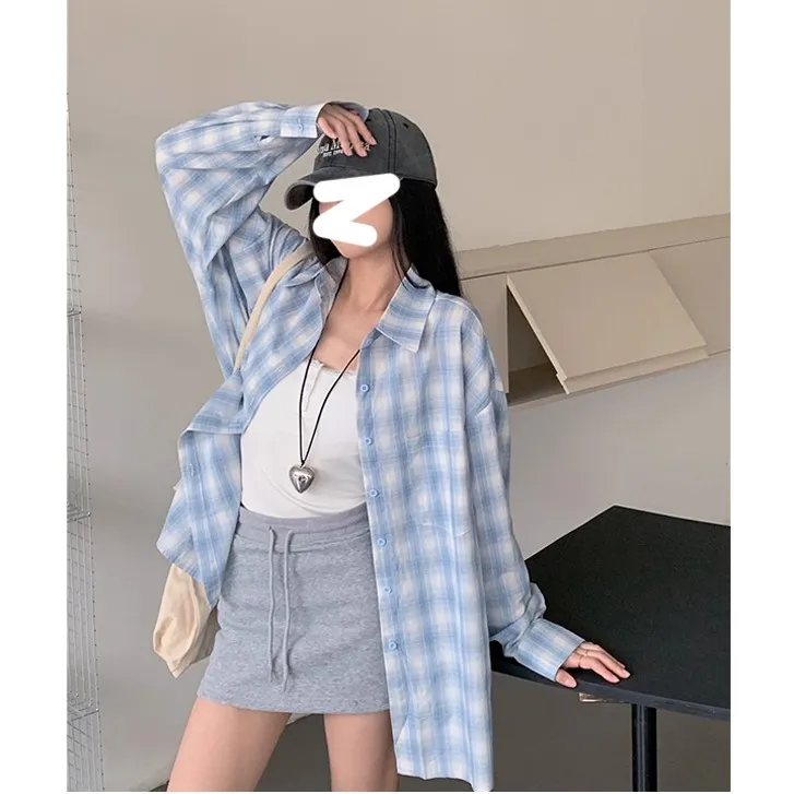 大码松弛感蓝色格子衬衫女夏季百搭休闲宽松遮肉外套气质上衣ins