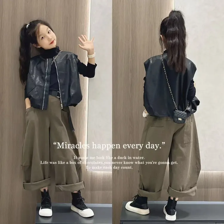 女童秋装马甲套装2025新款洋气时髦大童秋装坎肩背心工装裤三件套