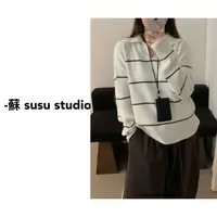 JS韩系慵懒风条纹polo领针织衫女秋冬内搭宽松毛衣0978