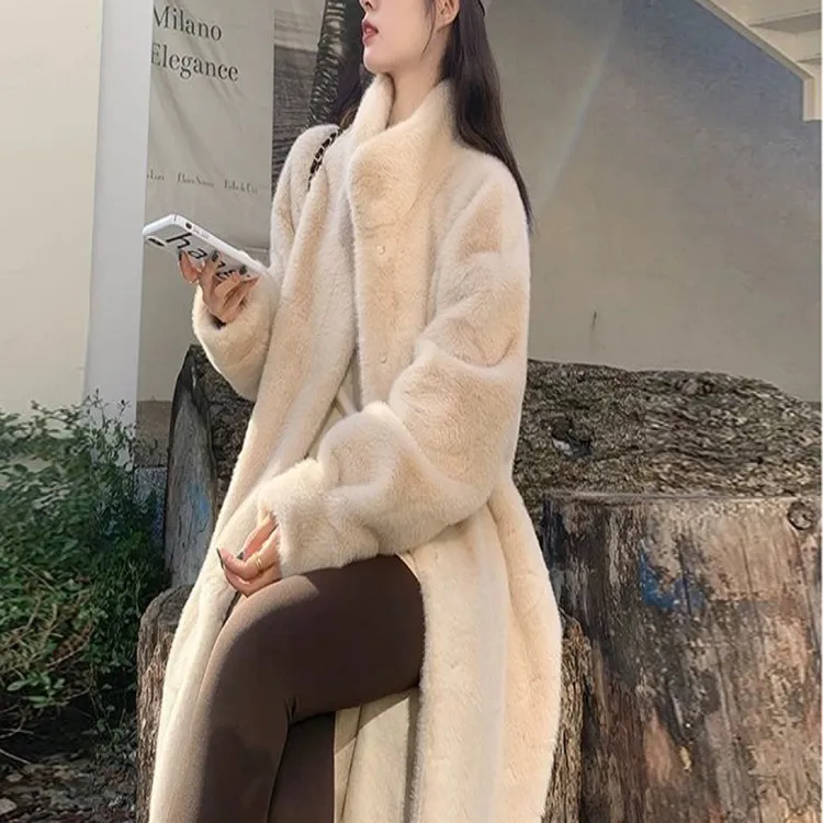 2025年新款加厚仿皮毛一体米兰貂立领长款时尚高端百搭大衣