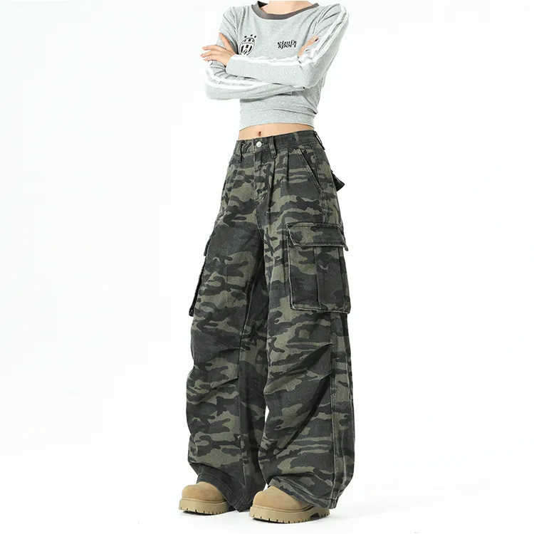 复古hiphop迷彩工装牛仔裤男女款宽松显瘦阔腿嘻哈休闲长裤多口袋