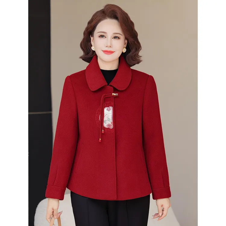 妈妈秋装新款中式短款毛呢大衣50岁60中老年女春秋款呢子上衣外套