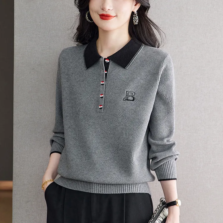 高级感针织衫女翻领长袖t恤秋冬2026新款宽松内搭打底衫洋气上衣