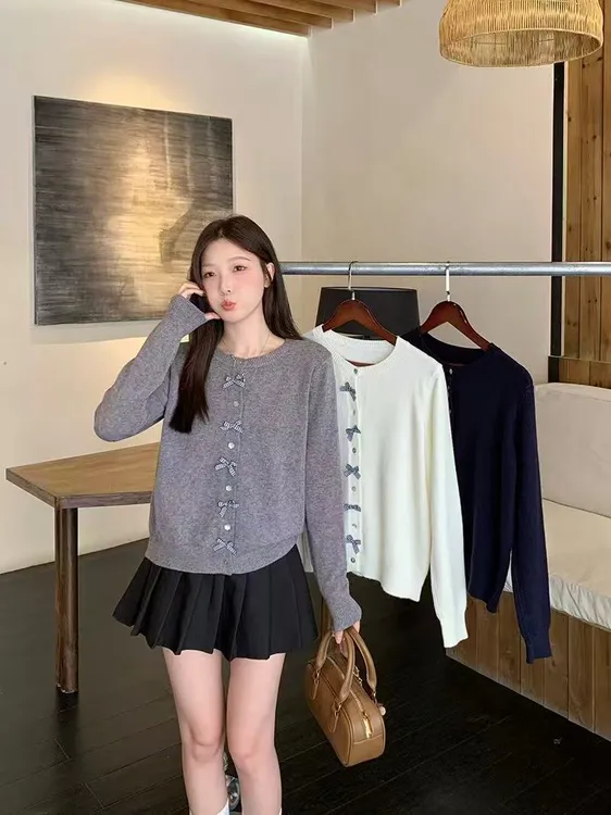秋季甜美蝴蝶结长袖厚款大码毛针织衫圆领套头开衫