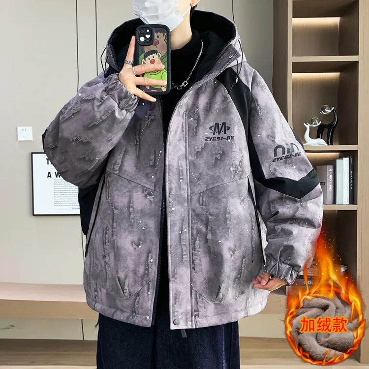 潮牌加绒加厚连帽夹克男士冬装新款时尚保暖拼色帅气户外短款外套