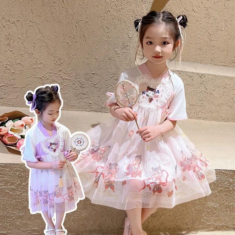 女宝宝哪吒汉服裙子夏季中国风短袖公主裙小童女孩古装襦裙连衣裙