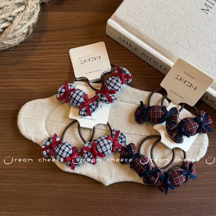 韩版儿童秋冬复古立体格纹糖果扎发女童布艺甜美发圈超萌可爱头绳