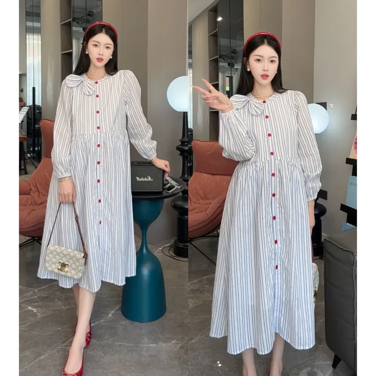 2025时尚宽松显瘦长袖长裙子女遮肚秋冬新款蝴蝶结条纹孕妇连衣裙