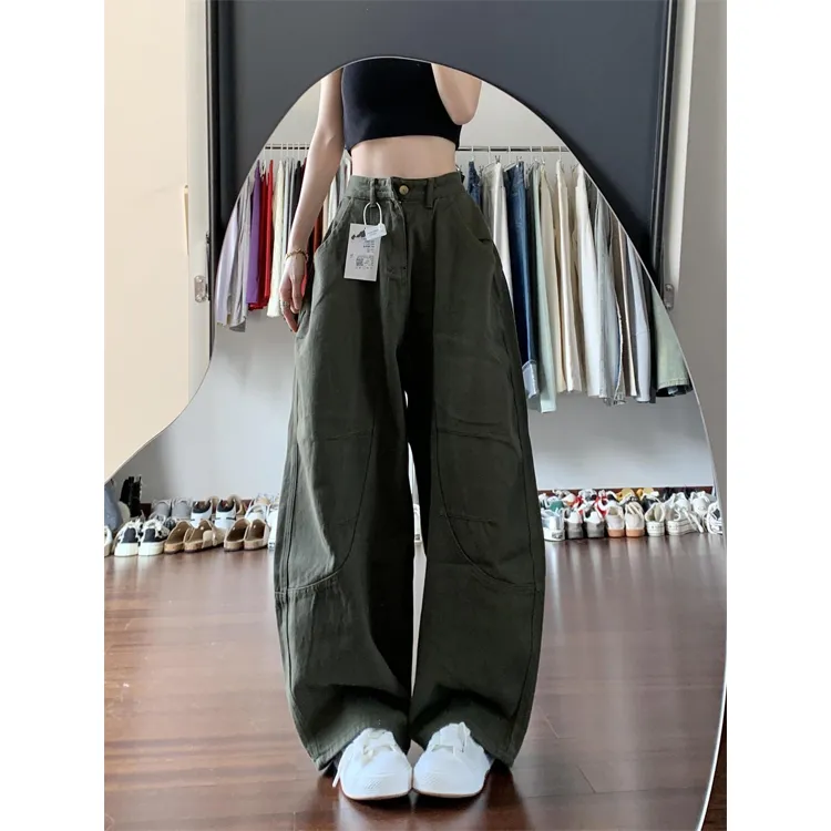 军绿色牛仔裤女款爆款2025新款弯刀裤小个子裤子设计感小众阔腿裤