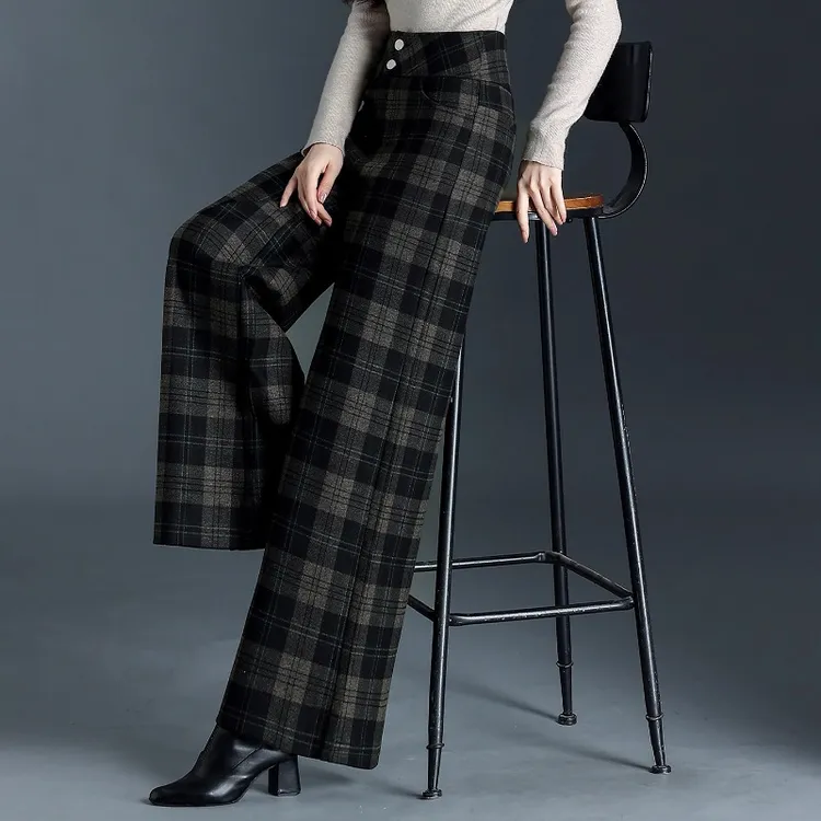 拉夏贝尔通勤休闲裤女2025秋冬新款知性优雅格纹垂感减龄阔腿长裤