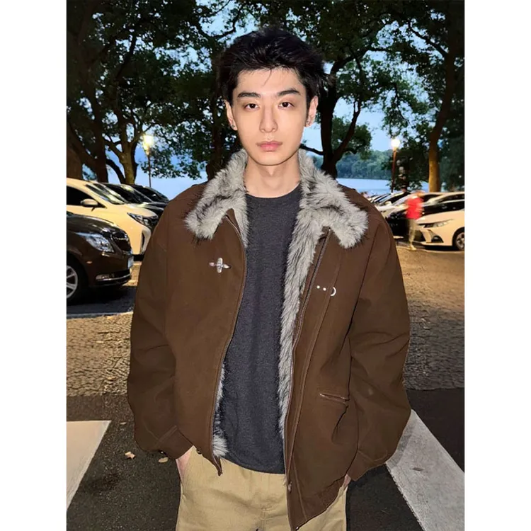 棕色复古飞机扣毛领短款棉衣夹克男冬季加厚保暖巴恩风座山雕棉服