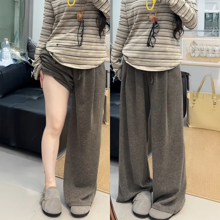复古咖色糯米休闲裤女秋季新款胖妹妹mm高腰宽松显瘦垂感阔腿裤子