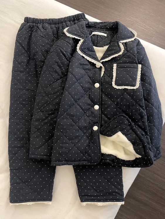 【DMXJ大梦想家】气质加厚波点夹棉睡衣女秋冬季新款保暖家居服套装