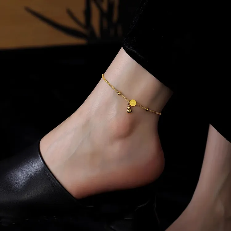 钛钢脚链 中国风波光粼粼葫芦脚链女夏小众时尚金色福字脚腕足链