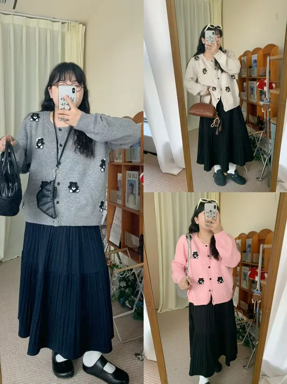 9900大码女装小熊提花圆领针织衫开衫女设计感宽松百搭减龄上衣