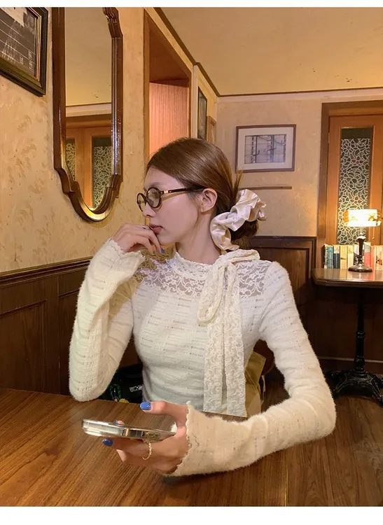 早秋美式甜辣半高领蕾丝打底衫女秋冬内搭设计感小众修身收腰上衣