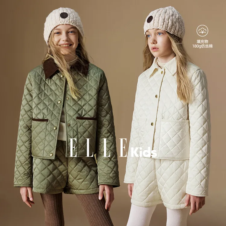 ELLE KIDS童装 灯芯绒翻领棉服女童冬季新款复古菱格撞色外套N1