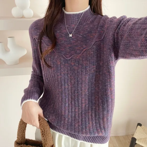 秋冬新款半高领针织套头毛衣女加厚花纱洋气百搭打底内搭外穿上衣