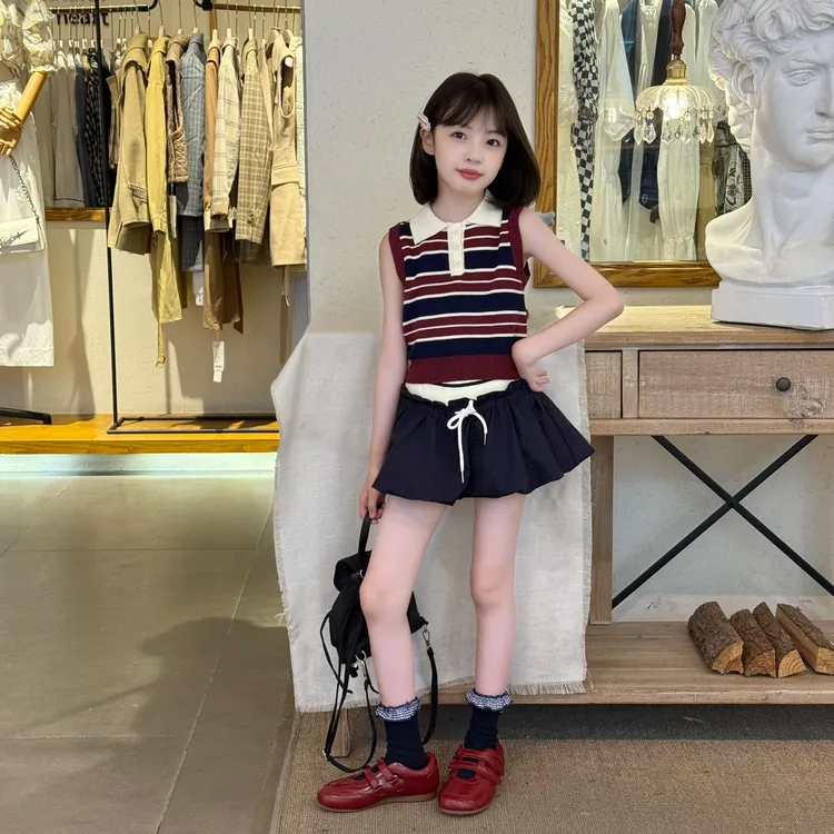 甜辣风撞色条纹polo领针织背心花苞短裙套装2025夏季新款时尚女童