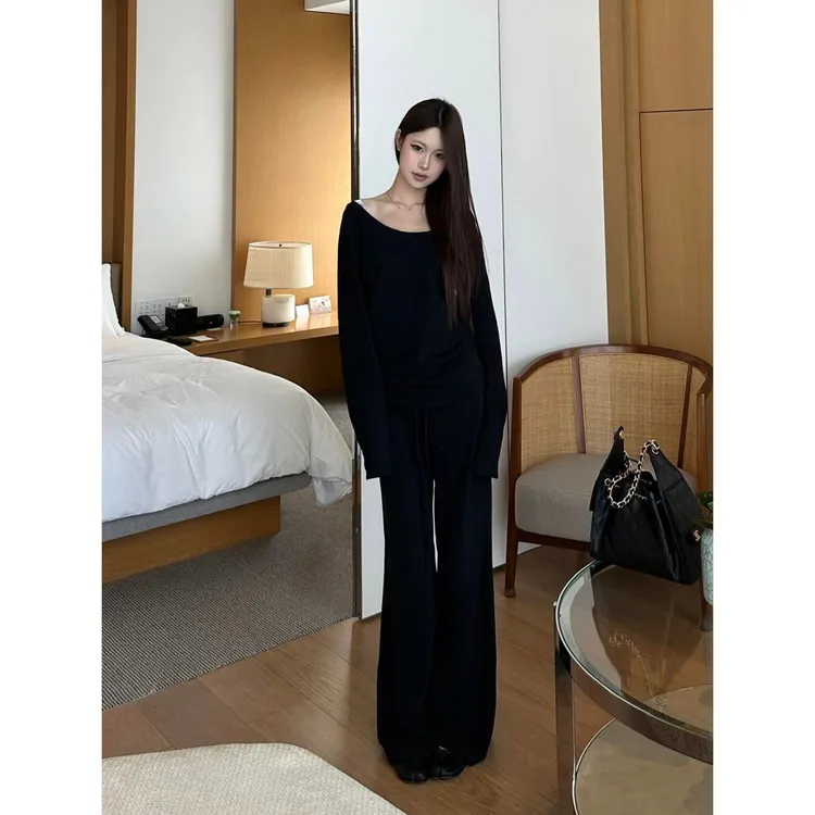 纯黑极简风内搭长袖睡衣女早秋新款运动休闲长裤套装家居服可外穿