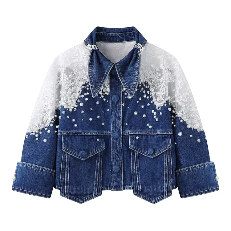 2025新款重工蕾丝拼接牛仔小上衣女