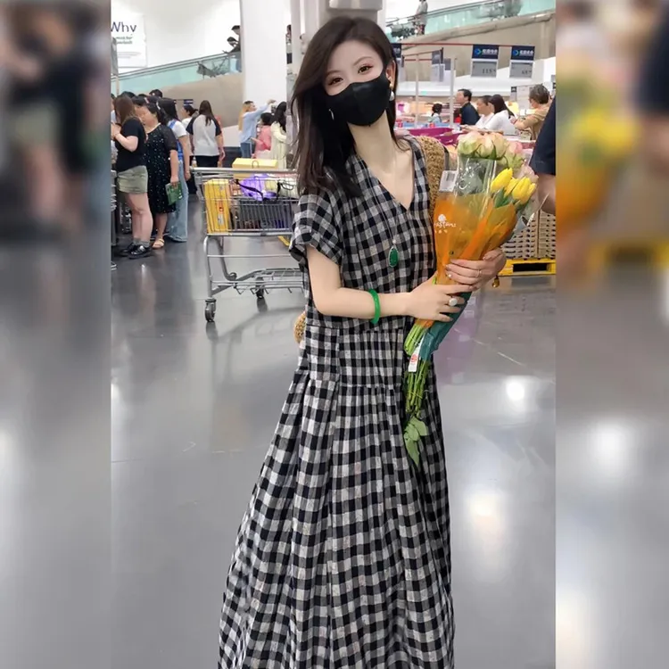 高端格子连衣裙女夏季新款短袖时尚宽松显瘦气质印花棉麻衬衫裙子