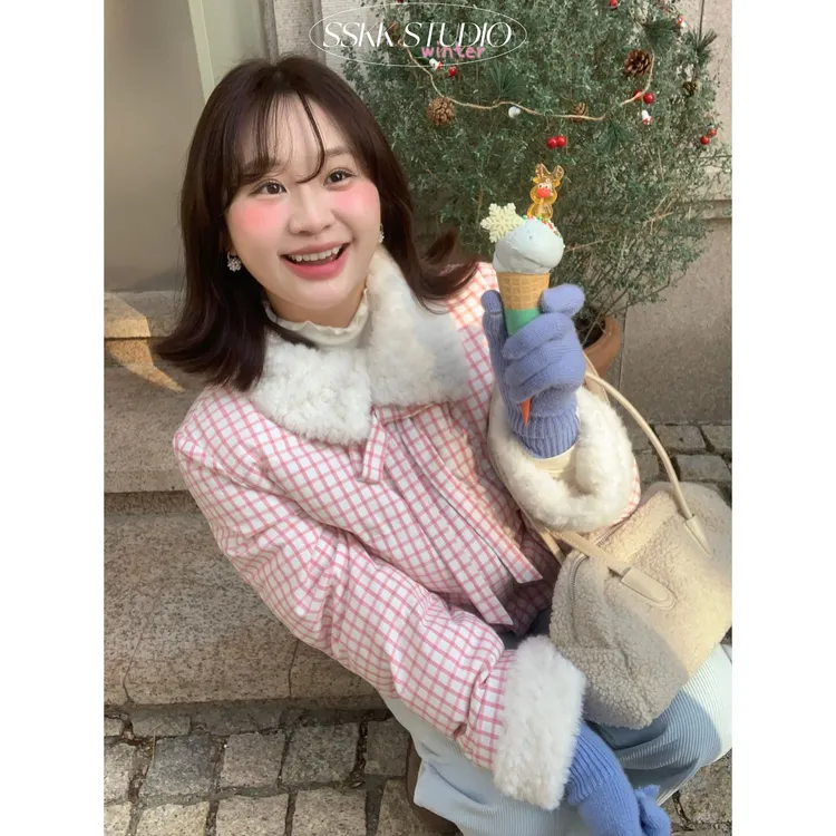 KMZY/KMZY山_山【少女甜格】微胖韩版甜美毛毛拼接领格纹棉服外套女