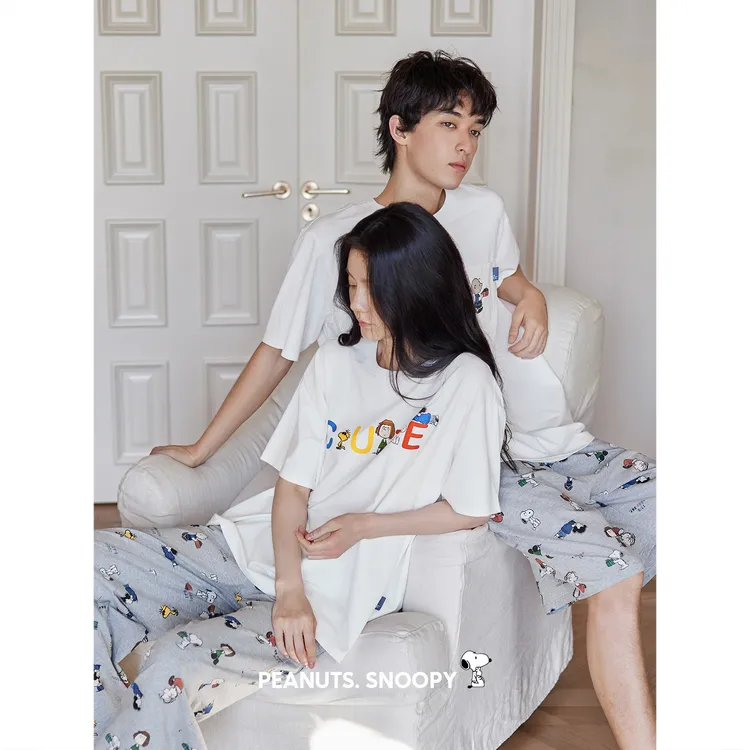 贝妍史努比情侣睡衣女夏薄款可爱卡通短袖家居服男士大码凉感套装