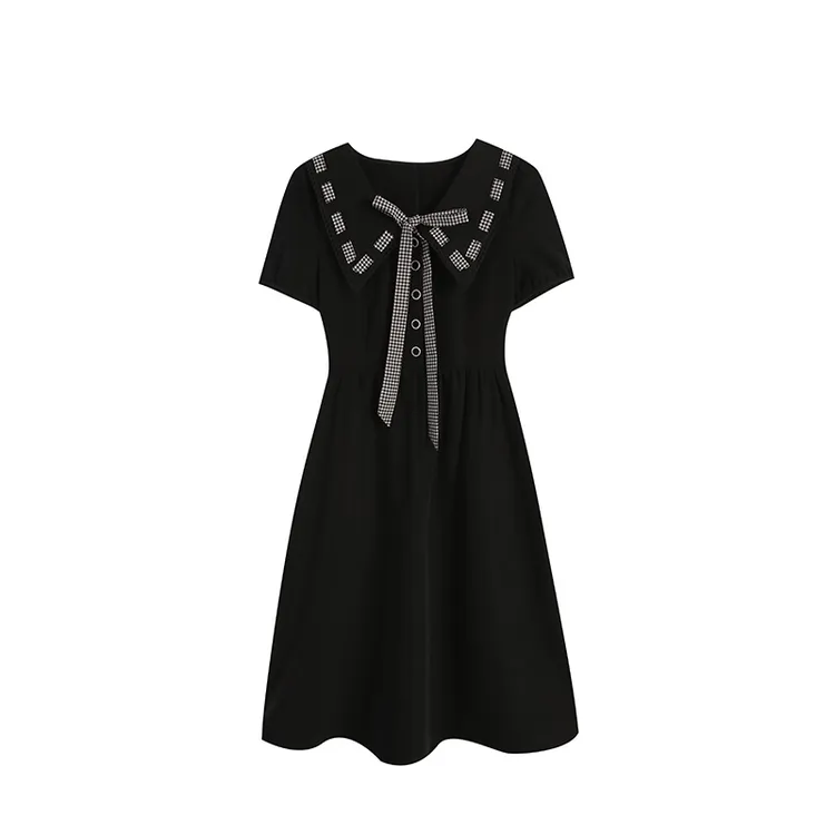 五季家大码胖妹妹显瘦中长款学院风减龄裙子黑色连衣裙ZL54910