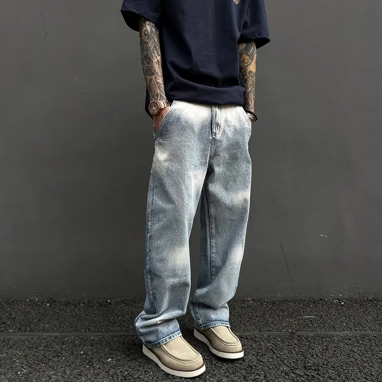 【UNAPS】马骝复古重磅15盎司做旧冰蓝松紧腰休闲牛仔裤男女直筒裤