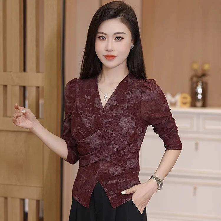 气质V领打底上衣女修身显瘦2025秋款微透薄款长袖百搭洋气小衫潮