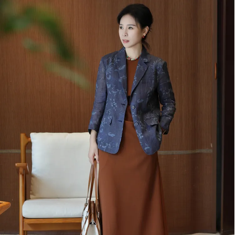 【杜小小】“优雅时刻”秋冬印花苎麻西装时尚气质休闲百搭外套98890