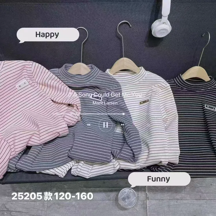 特价清货男女童T恤高领休闲女B类童装圆领宝宝长袖条纹童装加厚绒