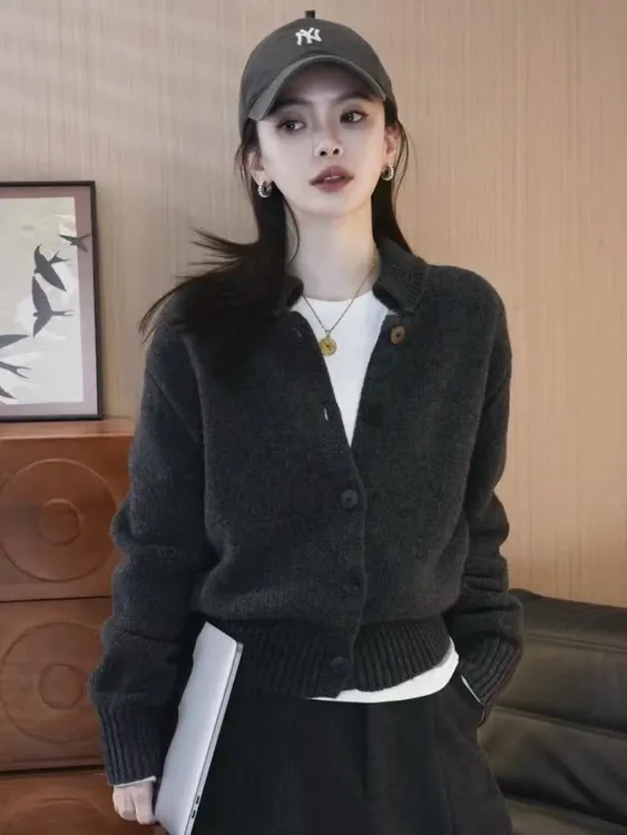 秋冬100%纯羊毛开衫女时尚翻领纯色外套宽松韩版气质针织衫DJ2531