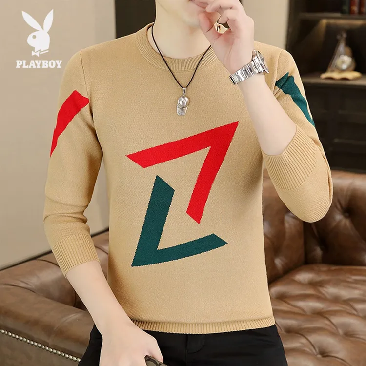 花花公子冬季圆领毛衣男潮流时尚印花内搭保暖针织衫潮牌套头毛衫