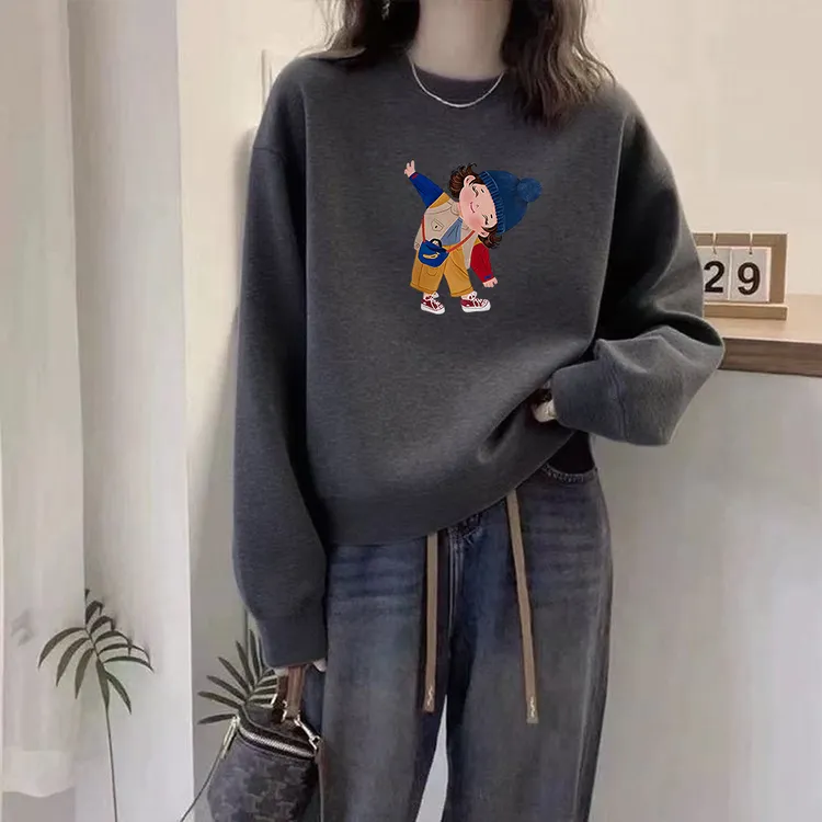 新潮复古深灰色圆领套头显瘦长袖短款卫衣女棉质秋冬宽松上衣女式