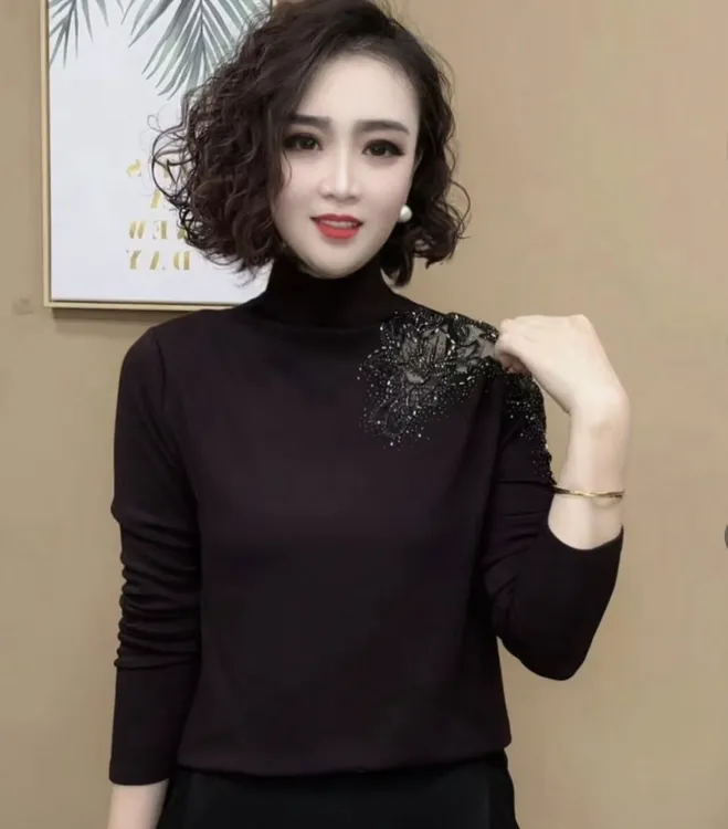 2024冬季新品时尚半高领烫钻镂空百搭加绒打底衫修身气质显瘦上衣