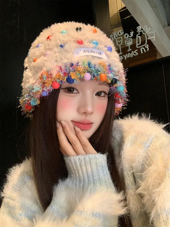 彩色珠珠毛绒帽子显脸小针织帽韩版可爱女秋冬季毛线帽保暖包头帽