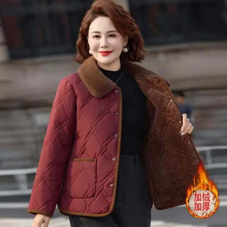 时尚妈妈冬装翻领加绒棉服外套中老年女装保暖洋气短款棉衣服棉袄