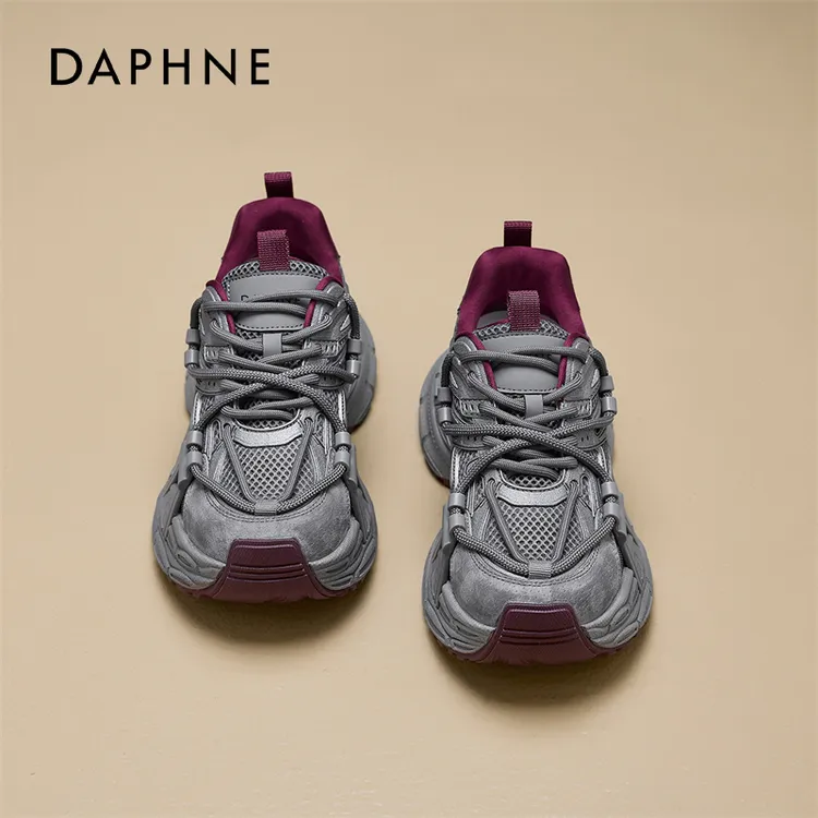 达芙妮灰红色厚底老爹鞋女2025新款秋冬小个子增高鞋机能风运动鞋