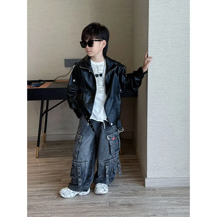 男童秋季新款拉链皮衣夹克机车服洋气皮夹克外套中大童飘带工装裤