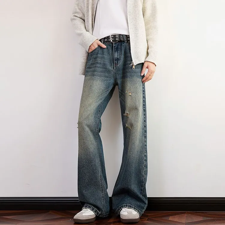 美式复古极简做旧直筒牛仔裤设计感高腰秋冬水洗高街显帅百搭长裤