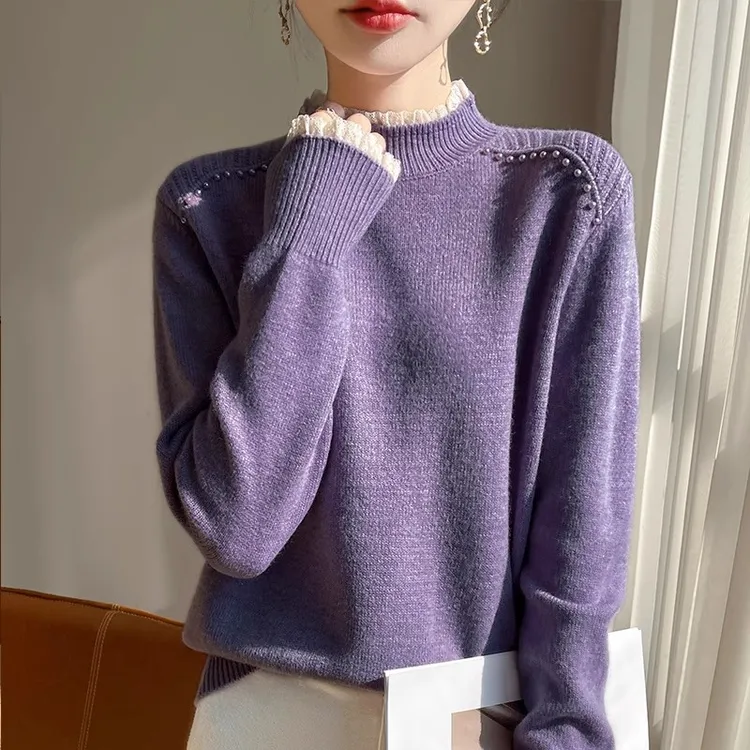 春竹秋冬羊毛衫半高领花边木耳领双肩钉珠新款时尚洋气百搭女装