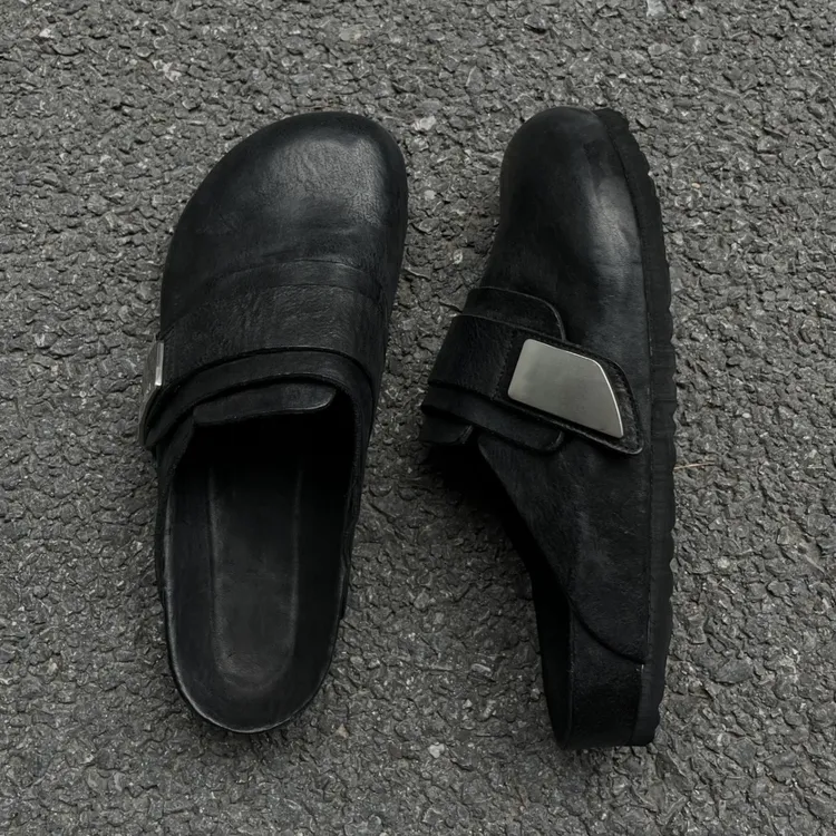 厚底勃肯鞋一脚蹬皮面包头半拖鞋女外穿2025新款秋季丑萌博肯拖鞋