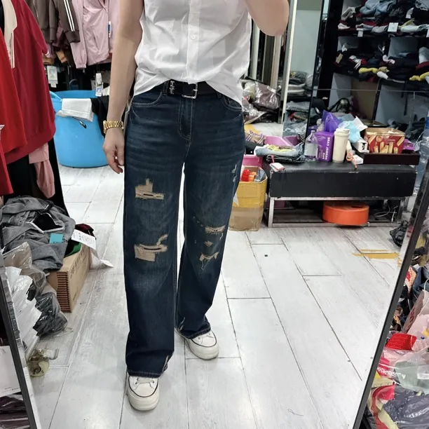 秋装韩版小直筒破洞补丁弹力时尚牛仔裤87195