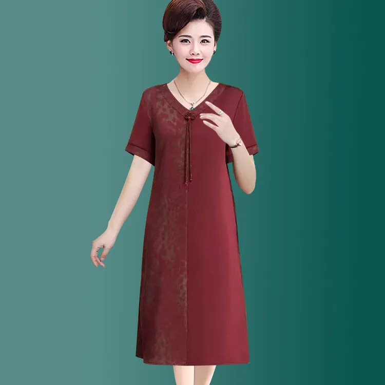 新款中老年桑蚕丝连衣裙时尚显瘦宽松长裙夏季大码妈妈裙子富婆裙