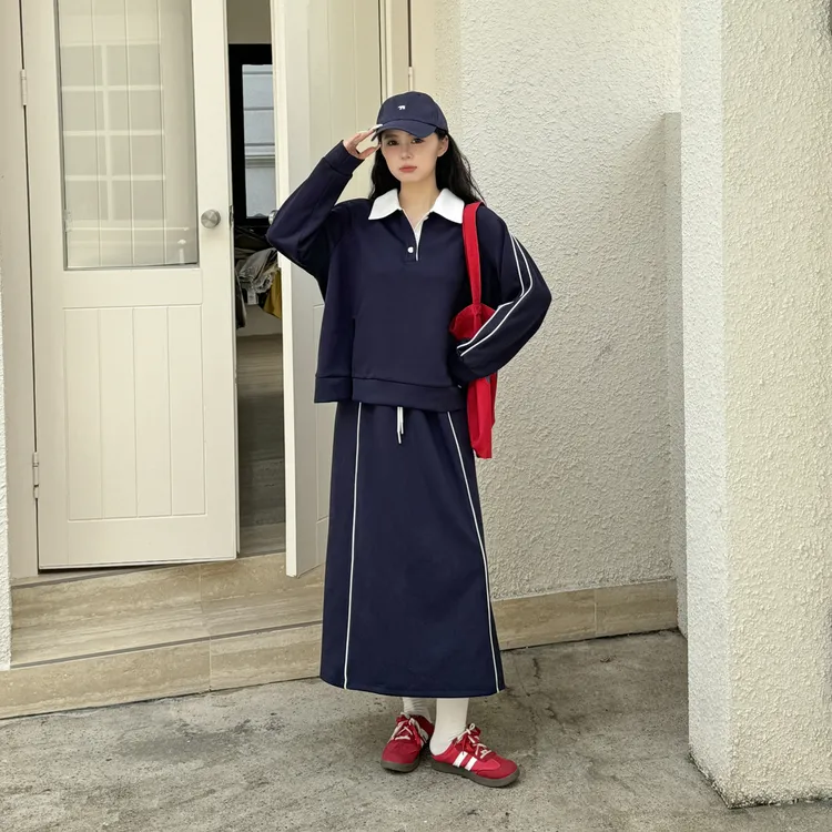 120斤的大杨 胖mm学院风运动卫衣套装早秋休闲polo衫半身裙两件套