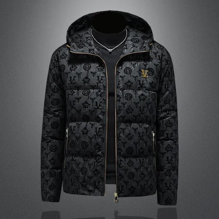 羽绒服男士印花连帽外套白鸭绒加厚潮牌冬季高档男装连帽休闲外套