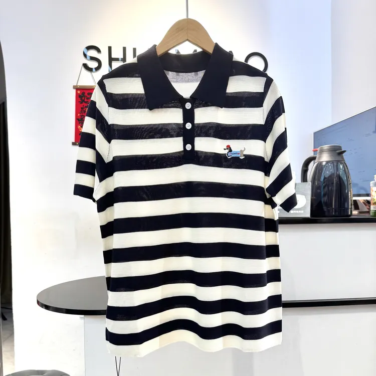 《水淼》2026新款POLO领条纹短袖毛衫2524时尚休闲百搭