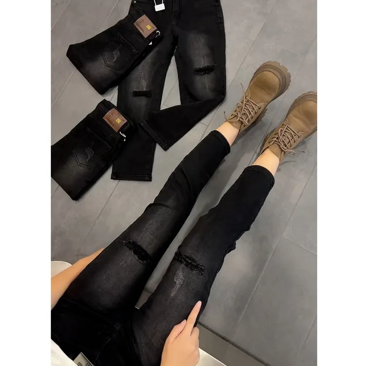 黑灰假破洞直筒牛仔裤女秋冬加绒加厚大码修身弹力显瘦九分烟管裤